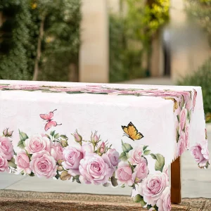 Spring Pink Rose Flowers Linen Tablecloth Wedding Party Decor Seasonal Floral Butterfly Table Cloths Mother's Day Decorations