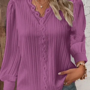 Elegant Summer Hollow Lace Patchwork Women Shirt Chic Blouse V Neck Long Sleeve Shirt Plain Lace Casual Basic Regular Tops