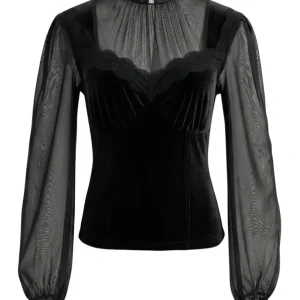 Women's Spring/Fall 2026 New Arrival Elegant Lace-Panel Cutout Bell-Sleeve Tie-Waist Top Everyday Lace-Panel Design
