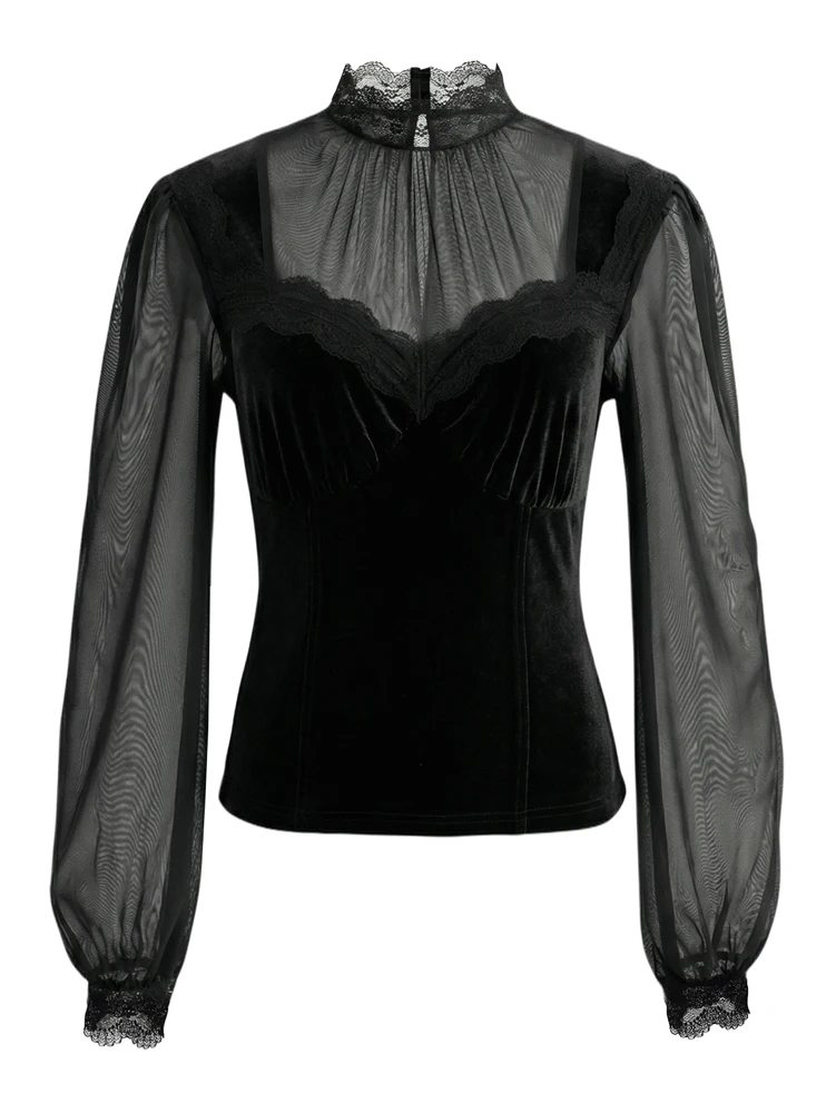 Women's Spring/Fall 2026 New Arrival Elegant Lace-Panel Cutout Bell-Sleeve Tie-Waist Top Everyday Lace-Panel Design - Image 3