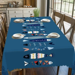 1 Piece of Summer Simple Ocean Style Printed Round Tablecloth, Geometric Fish Pattern Rectangular Tablecloth, Party Tablecloth, Home Table Decoration, Courtyard Camping Table Decoration, Table Cover for Daily Home Kitchen, Restaurant Terrace Indoor and Outdoor Use