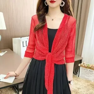 Women's Sparkling Lace-Up Cardigan Summer Sheer Cover Up Lightweight Loose Blouse Half Sleeve Beachwear Casual Glitter Jacket