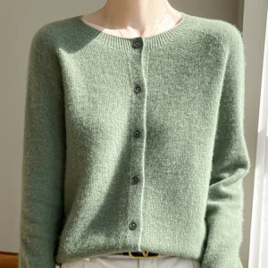 Women 100% Merino Wool Cardigan Soft O-Neck Cashmere Sweater OL Buttoned Knitwear Casual Top Clothing Korean Style