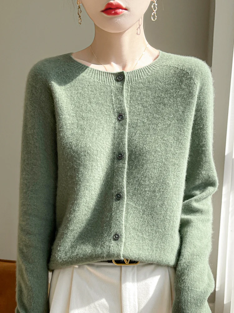 Women 100% Merino Wool Cardigan Soft O-Neck Cashmere Sweater OL Buttoned Knitwear Casual Top Clothing Korean Style - Image 5