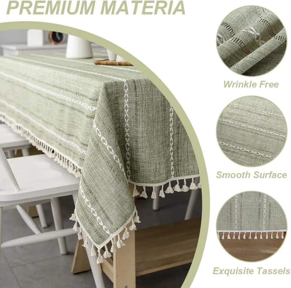 Cotton Linen Stripe Tassel Tablecloth Stain Resistant Dust-Proof Table Cover for Kitchen Dinning Tabletop Decoration Rectangular - Image 6