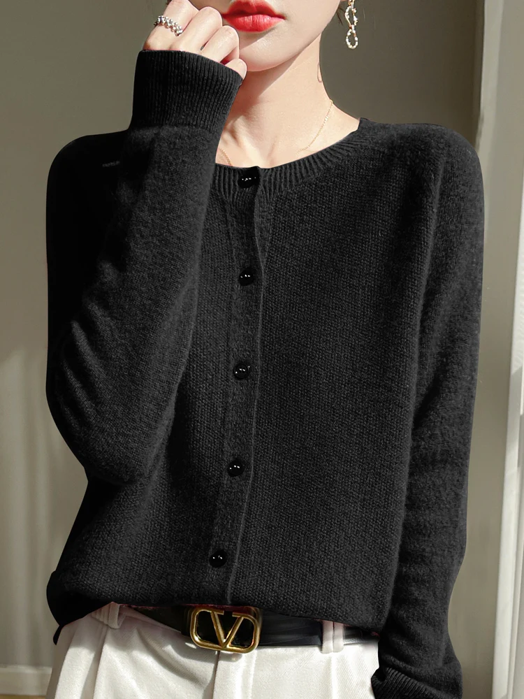 Women 100% Merino Wool Cardigan Soft O-Neck Cashmere Sweater OL Buttoned Knitwear Casual Top Clothing Korean Style - Image 13