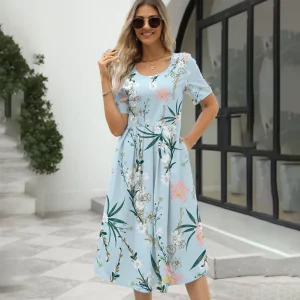 2024 Europe and the United States summer new women's fashion elegant printed round neck short sleeve zipper dress