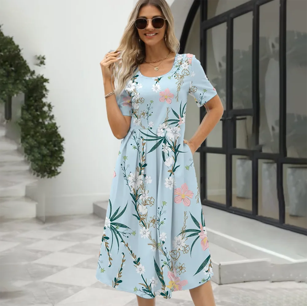 2024 Europe and the United States summer new women's fashion elegant printed round neck short sleeve zipper dress - Image 3