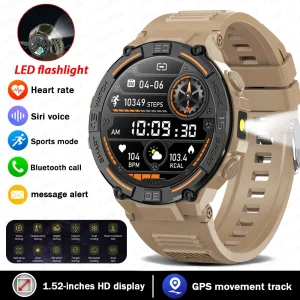 Smartwatch Military Men 360*360 HD Screen Flashlight Health Monitor Waterproof Heart Rate BT Call Smart Watch