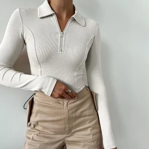 Women's T-shirt Autumn New Black Long Sleeves Crop Top Casual Fashion Zippers T-shirt Lady Turn-down Collar Sexy Tops Clothing