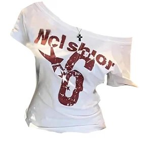 Y2k Sport Summer Off shoulder Top Women Sexy Vintage 2000s Short sleeve T shirt Lady Body Basic Crop Top Female Casual