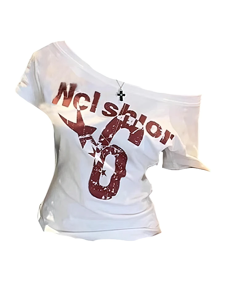 Y2k Sport Summer Off shoulder Top Women Sexy Vintage 2000s Short sleeve T shirt Lady Body Basic Crop Top Female Casual - Image 3