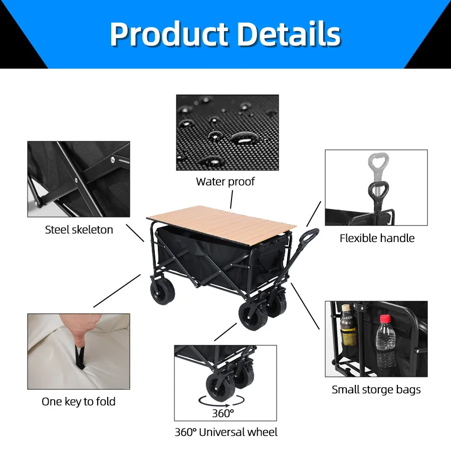 Large Weight Capacity Heavy Duty Wagon Cart Folding Wagon for Outdoor Garden Beach wagon Camping Equipment with Cup Holders - الصورة 2