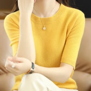 New Short-sleeved Knitwear Women O-neck T-shirt Wool Cotton Blend Pullover Vest Sprig Summer Bottoming Tops Sweater Solid Soft
