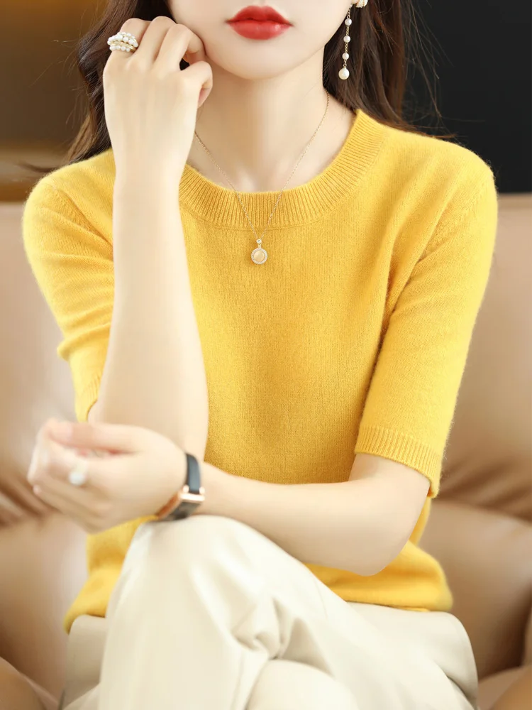 New Short-sleeved Knitwear Women O-neck T-shirt Wool Cotton Blend Pullover Vest Sprig Summer Bottoming Tops Sweater Solid Soft - Image 27