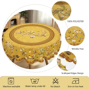 1 Piece Retro Style Flower and Bird Print Round Tablecloth, 5 Sizes Available, Square Tablecloth with Retro Shading Plum Blossom Flower and Bird Print Design, Edge Embossing Process, Daily Garden Tablecloth Decoration, Tablecloth for Daily Home Kitchen, Terrace Use, Spring and Summer Home Decoration