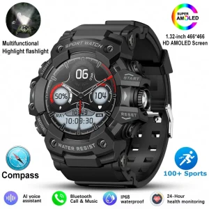 2026 New Military Outdoor Smart Watch Men 100+Sports Fitness Compass Heart Rate Bluetooth Call IP68 Waterproof Rugged Smartwatch