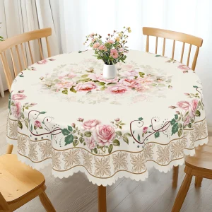 1 Piece Floral Round Tablecloth, Available in 5 Sizes, Vintage Floral Pattern Printed Tablecloth, Embossed Edge Craftsmanship, Spring Garden Tablecloth Decoration, Suitable for Daily Home Kitchen and Patio Use, Easter Decoration, Spring Decoration