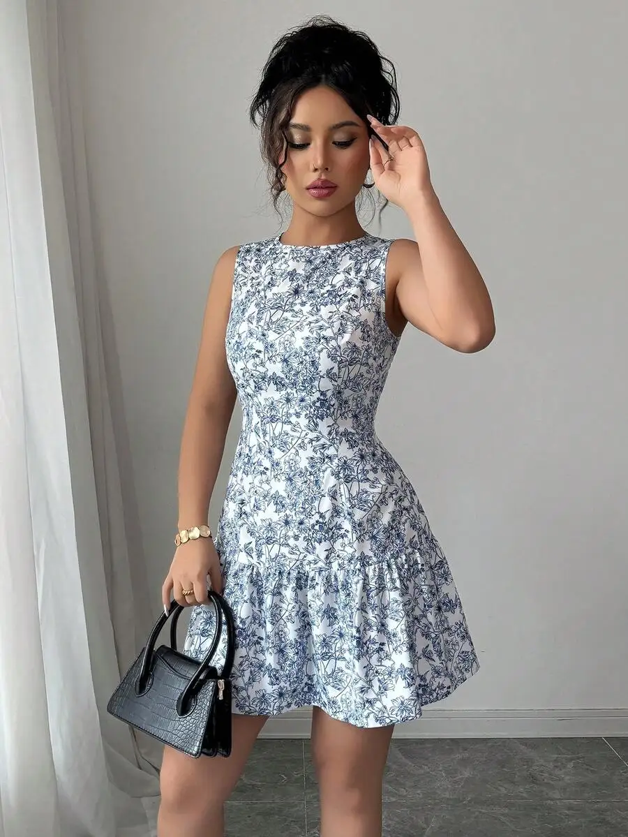Spring/Summer Boho And French-Style Blue And White Floral Dress, Sleeveless With A Round Neckline - Image 5