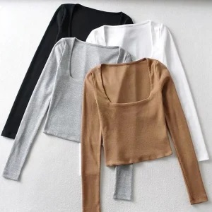 Women Ribbed Square Neck Crop Top With Long Sleeve