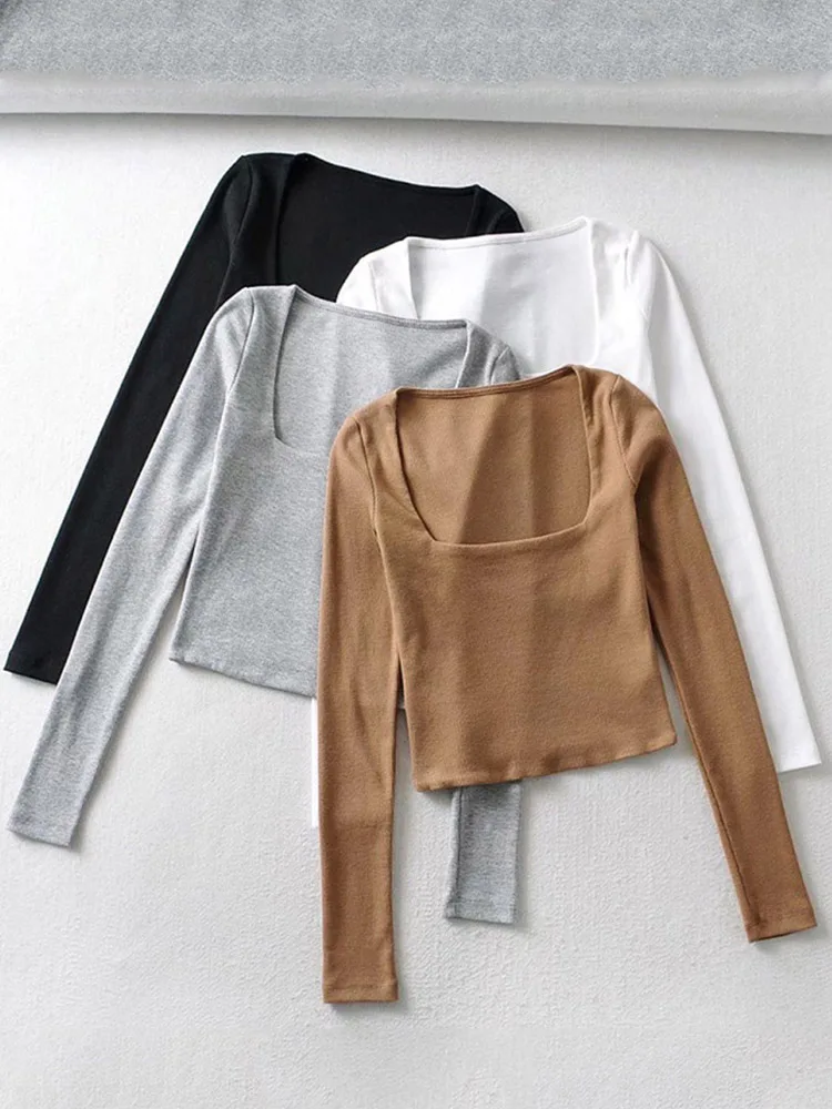 Women Ribbed Square Neck Crop Top With Long Sleeve - Image 5
