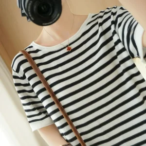 Pure Cotton Round Neck T Shirt For Women Summer Korean Style Loose Large Size Casual Short Sleeve Striped Top Base Shirt Blouse.