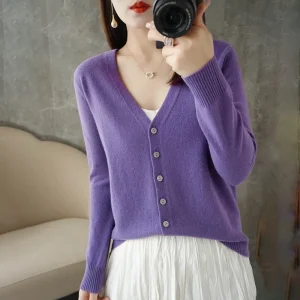 Cardigans Women 2025 Autumn Single Breasted V-neck Knitted Sweater Fashion Short Knitwear Solid Blue Green Pink Women's Jumpers