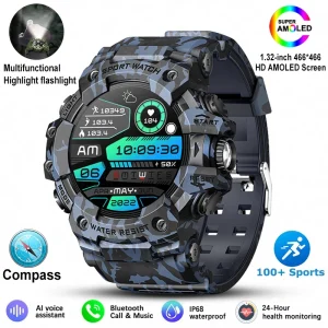 2026 New Military Outdoor Smart Watch Men 100+Sports Fitness Compass Heart Rate Bluetooth Call IP68 Waterproof Rugged Smartwatch