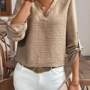 Ladies Elegant Simple V-Neck Commute Pure Color Cuffed Sleeve Casual Sophisticated Shirt Office Wear Casual Fashion
