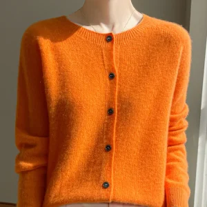Women 100% Merino Wool Cardigan Soft O-Neck Cashmere Sweater OL Buttoned Knitwear Casual Top Clothing Korean Style