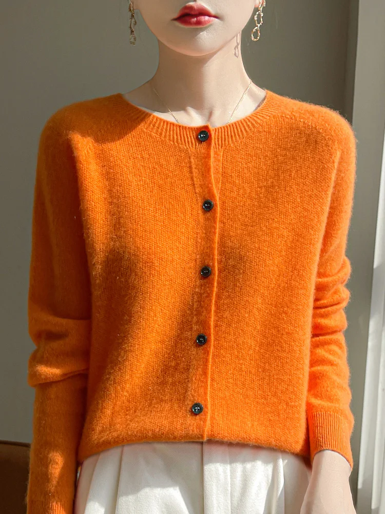 Women 100% Merino Wool Cardigan Soft O-Neck Cashmere Sweater OL Buttoned Knitwear Casual Top Clothing Korean Style - Image 6