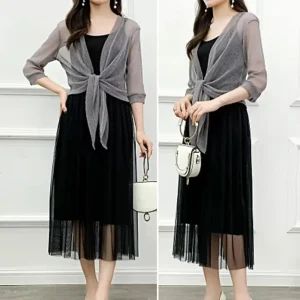 Women's Sparkling Lace-Up Cardigan Summer Sheer Cover Up Lightweight Loose Blouse Half Sleeve Beachwear Casual Glitter Jacket