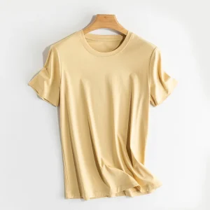 SuyaDream Women Solid T shirts, Silk Cotton Blend, O Neck, Short Sleeved Solid Tee,2025 Summer Candy Colors Basic Cozy Top Green