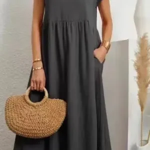 Women Vintage Solid Dress 2023 Summer Elegant O Neck Short Sleeve Cotton Linen Dresses Female Casual Loose Sundress Long Dress